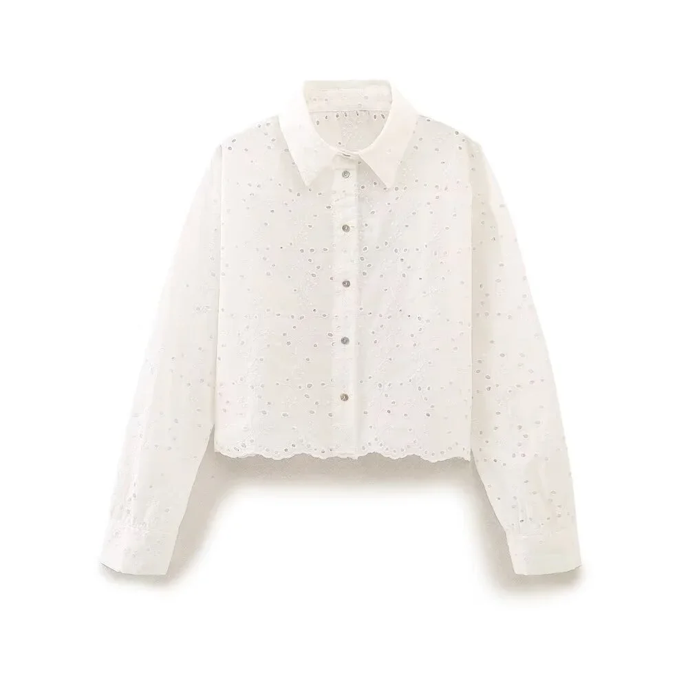 

LIBIELIY 2025 Summer New Women's French White Long Sleeved Lapel Wave Edge Top Hollow Embroidered Short Shirt