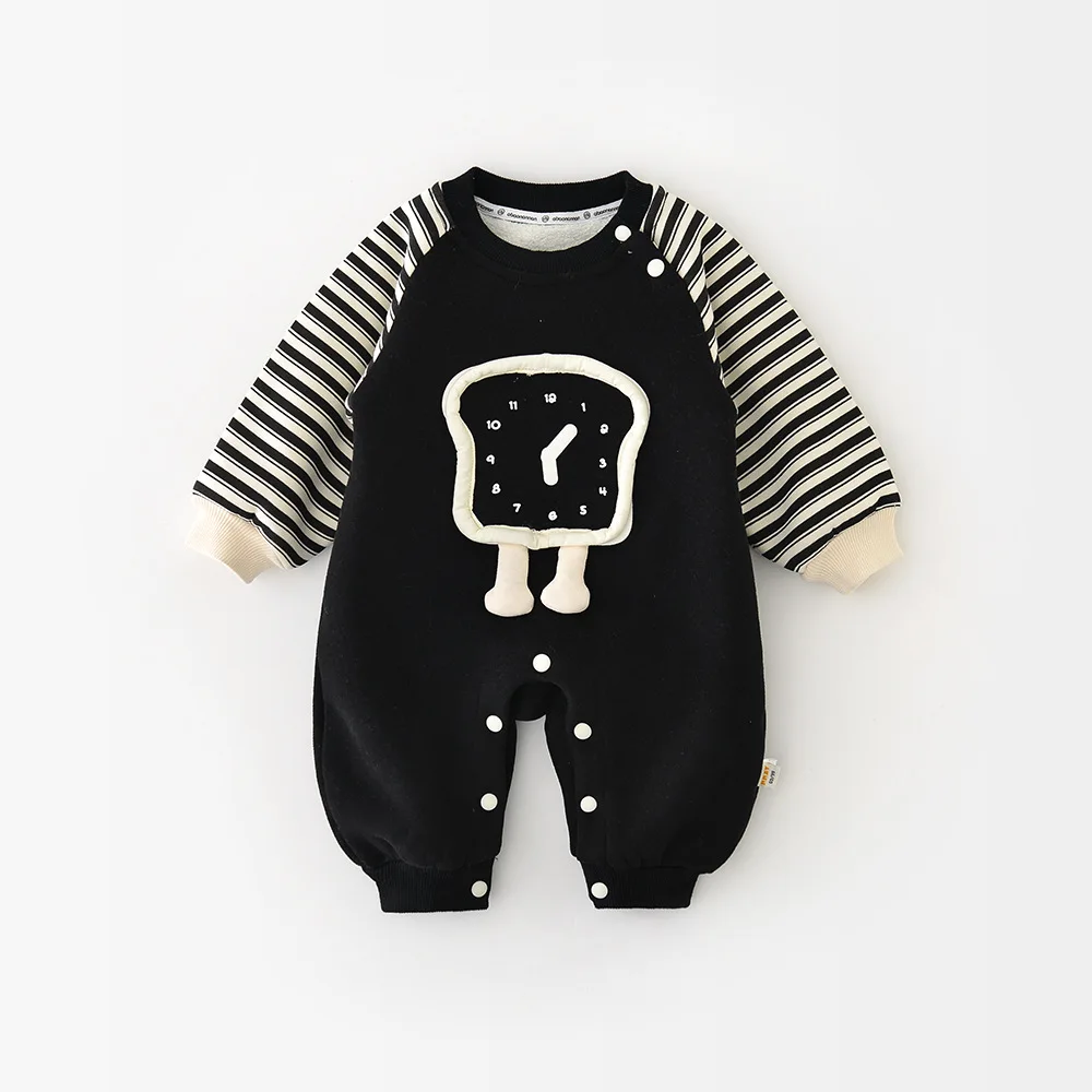 2025 شتاء جديد طفل طويل الأكمام الصوف رومبير الرضع فتاة الكرتون مخطط بذلة زائد المخملية سميكة طفل الملابس الدافئة 0-24 متر