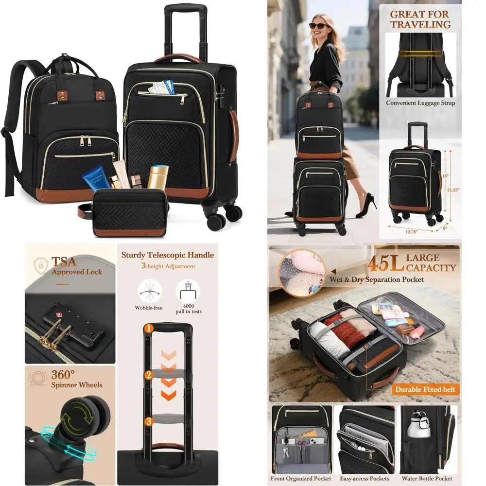 

20 Inch Airline Approved Softside Suitcase Set with Wheels, 3 Piece Luggage, Rolling Carry-On for Travel