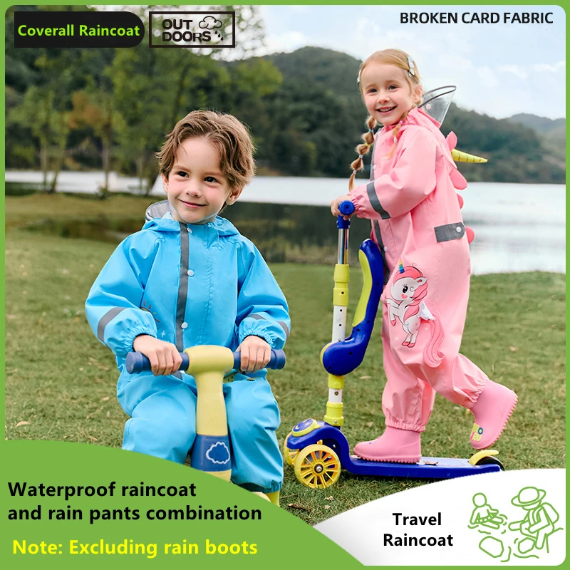 

Pink Unicorn Blue Dinosaur Kids Raincoat With Clear Visor Hood Reflective Strips Children Waterproof Raincoat And Rainpant Set