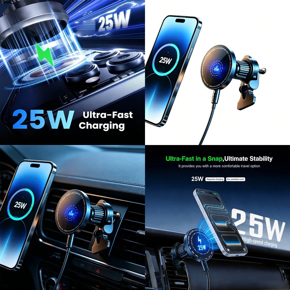 Super Fast 25W Magnetic Wireless Car Charger for iPhone 17 16 15 14 13 12 Pro Max Models Air Vent Phone Holder Strong Magnet
