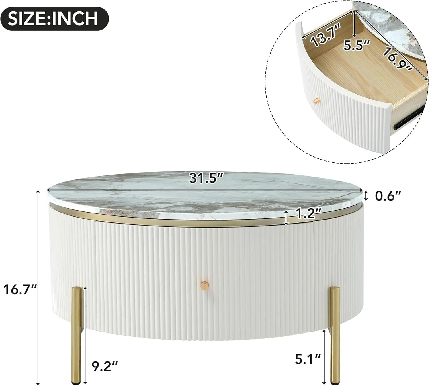 Mesa de centro redonda moderna com 2 gavetas grandes Mesa de destaque de armazenamento (31,5 '')