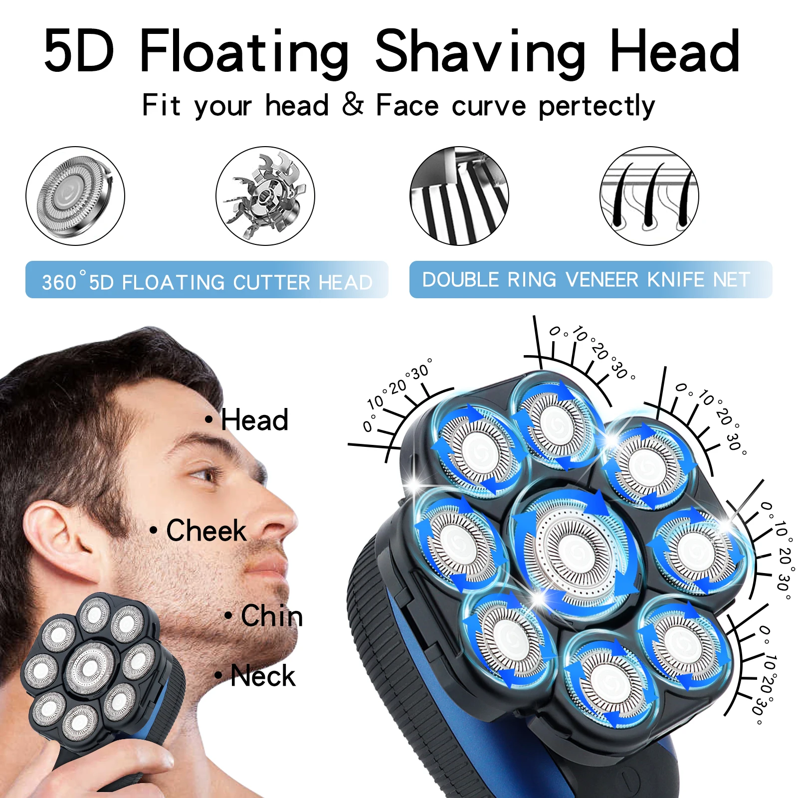 Floating Head Shaver for Bald Men Waterproof Electric Razor for Men with Nose Hair Trimmer Wet/Dry Grooming Shaving Machines