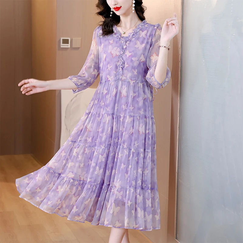 2023 Summer New Purple Silk Butterfly Print Drawstring Dress V-Neck Loose Size Slim Knee Length Dress Beach Resort Style Robe