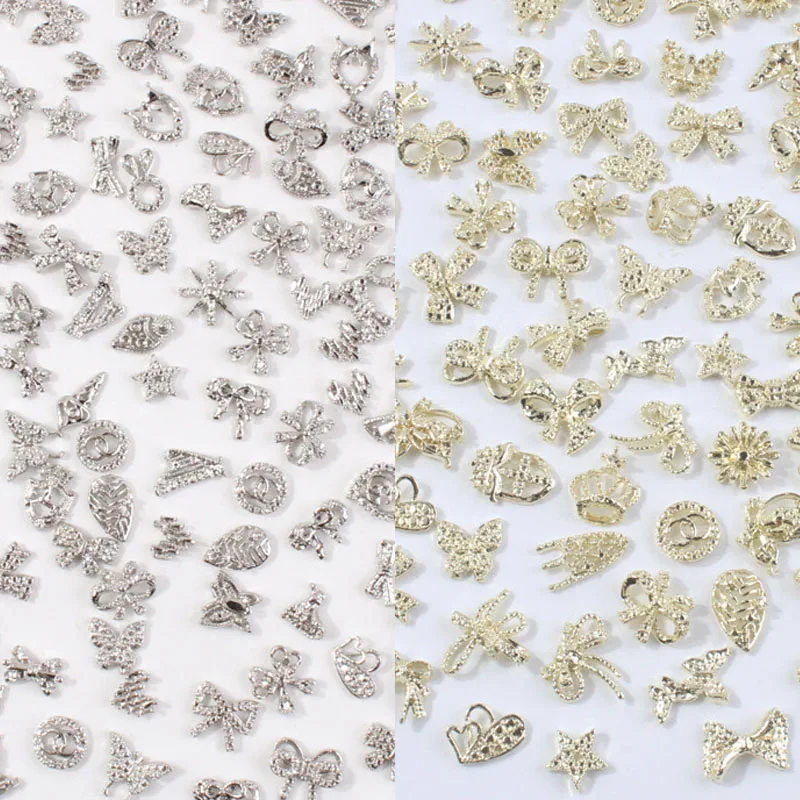 

50pcs/Wrap Gold Silver Mixed Shape Nail Charms Alloy Nail Parts Butterfly Bowknot Flower 3D Manicure Rhinestone Nail Accessories