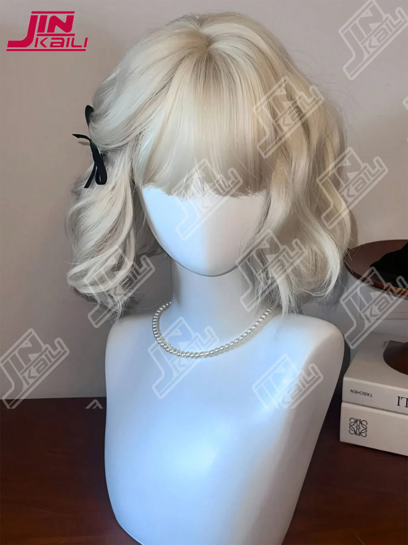 JKL Lolita Synthetic Wig Short Curly Hair Sweet and Lovely White Gold Fluffy Wool Volume Cosplay Full-Head Wig for Bangs Wig