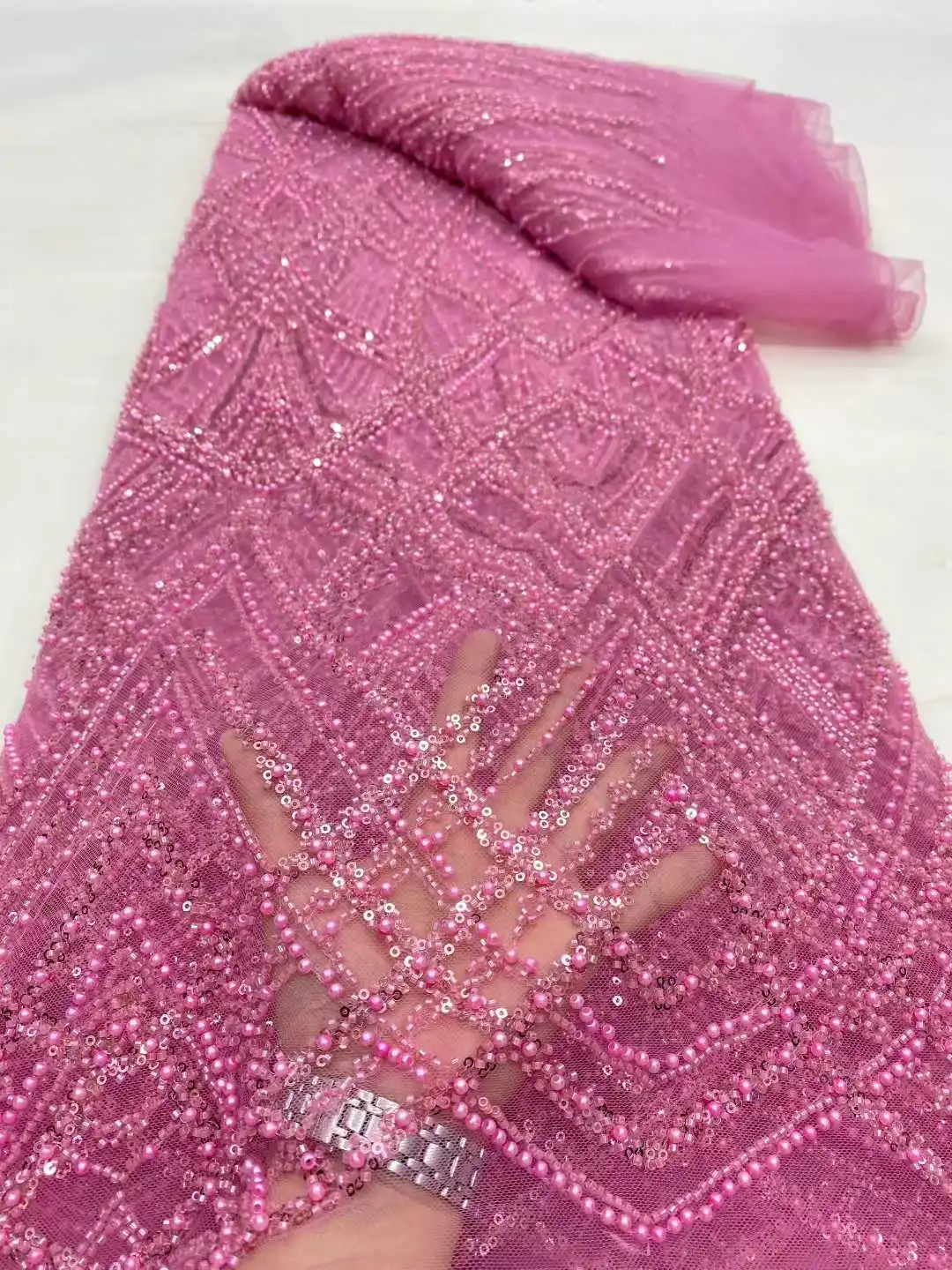 قماش دانتيل تول مع خرز ترتر 2025 جديد رائجة البيع الأفريقي النيجيري الفرنسي لحفلات الزفاف الراقية فستان خياطة العروس