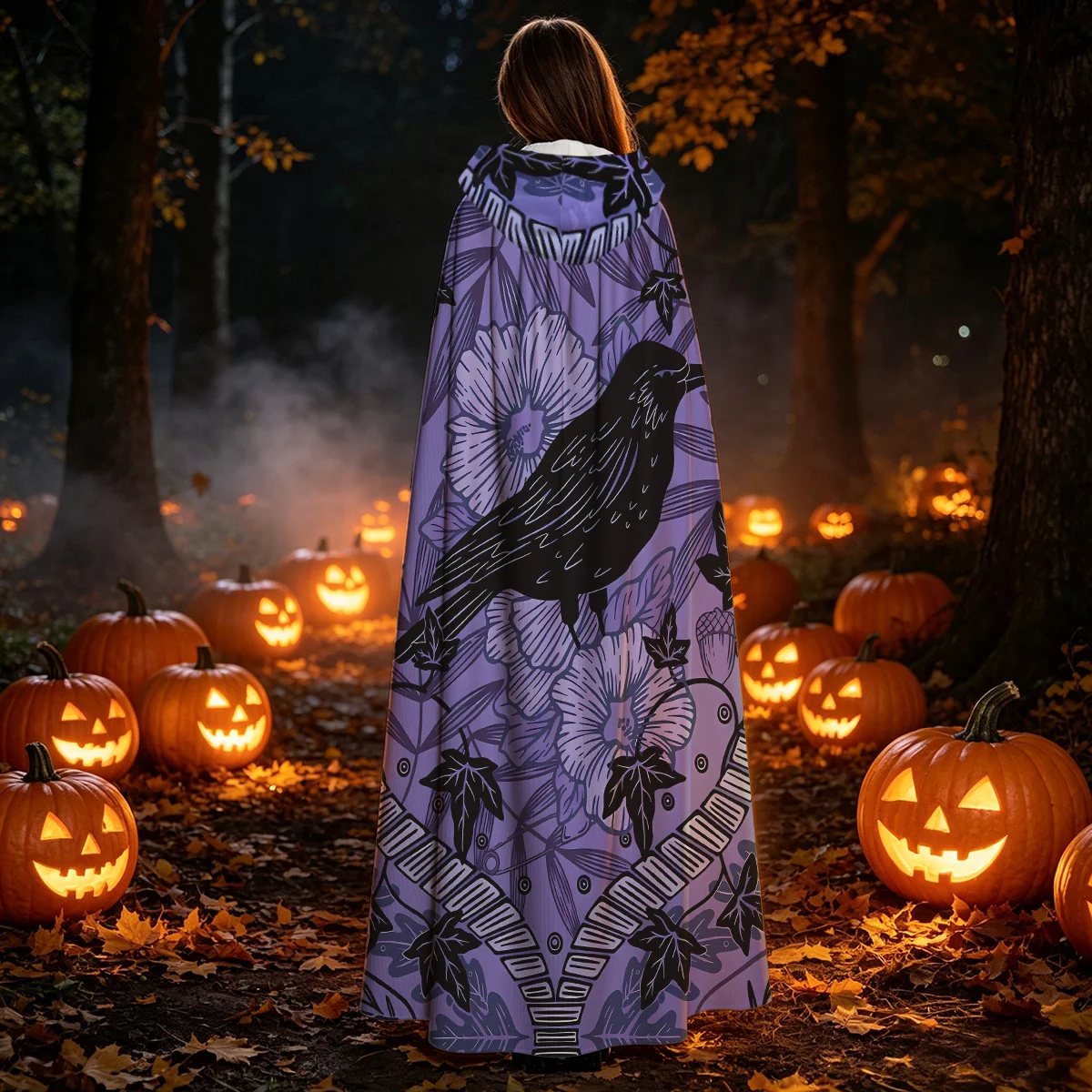 1pc Gothic Hooded Cloak Cape with Crow Ivy Floral Seamless Robe - Medieval Witch Wizard Costume Suitable for Halloween Cosplay