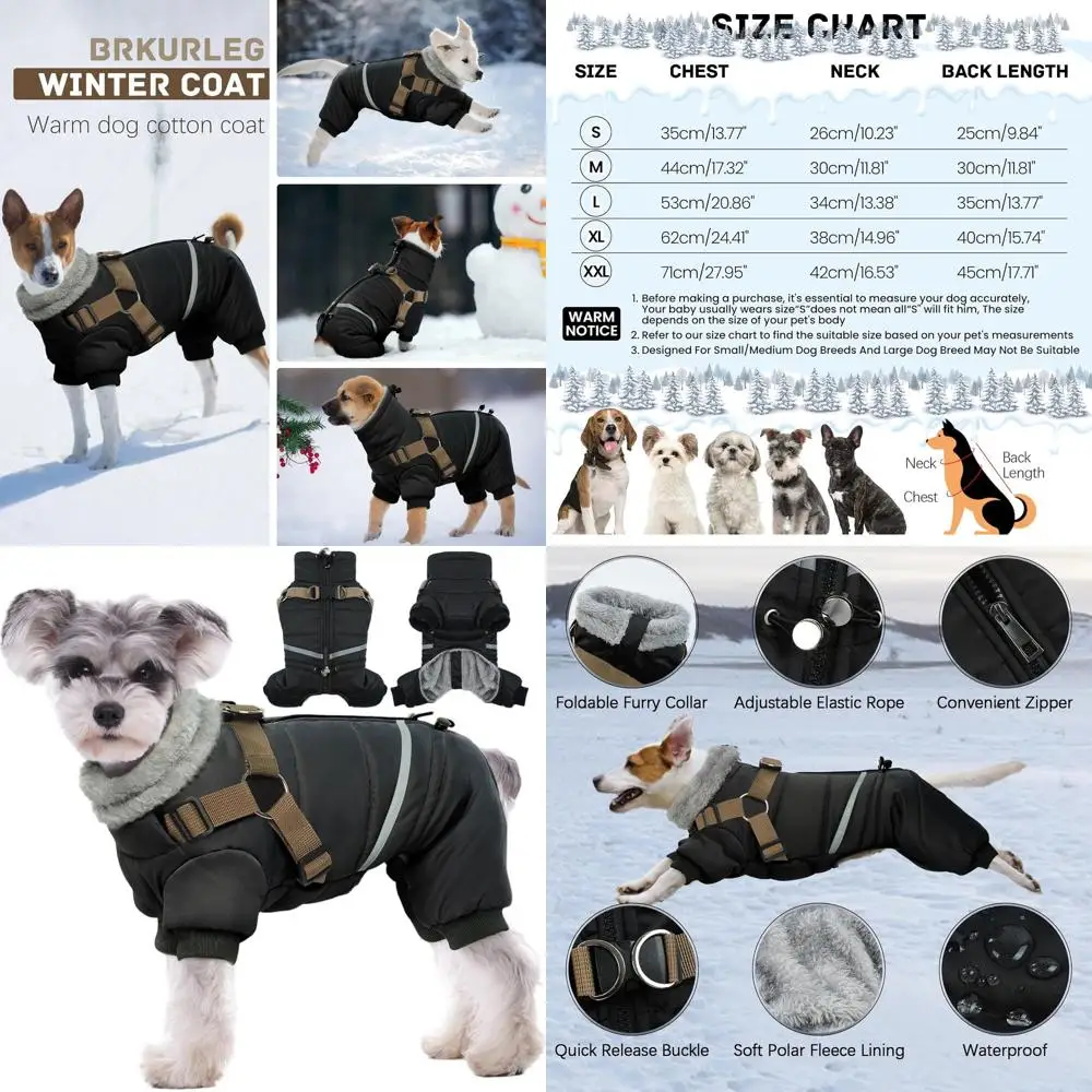 

Black Dog Winter Coat with Reflective Harness, Warm Onesie Bodysuit for Small to Medium Dogs, Waterproof and Windproof for Cold