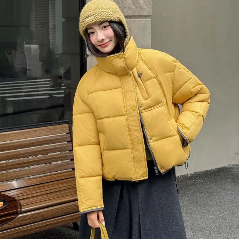 Fashion Stand-collar Down Cotton-padded Jacket 2026 Women's Contrast Color Short Parkas Thicken Warm Loose Student Bread Coats