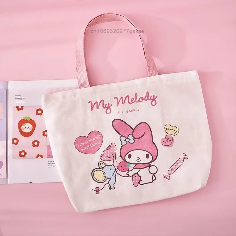 Sanrio Melody Kuromi Canvas Bag Cute Hello Kitty Classroom Handbag Large Capacity Student Shoulder Bag Zipper Commuter Bags