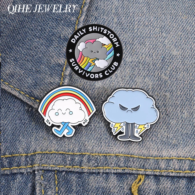 Pins de esmalte del Club de Supervivientes de la Tormenta Diaria, divertidos, con diseños de nubes de humor, rayos y arcoíris, broche, insignia de solapa, joyería, regalo para amigos