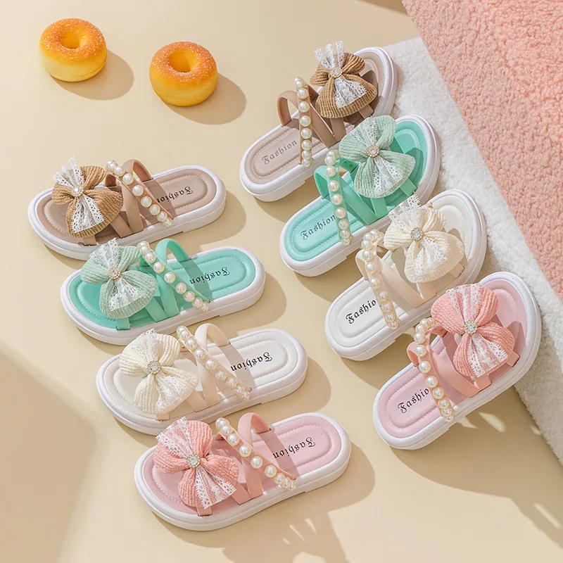 2026 New Girl Princess Slippers Chic Versatile Soft Elegant Fashion Lace Bowknot Beading Kid Slippers Non-slip Beach Shoes