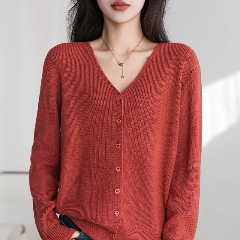 Damesbovenkleding Lente en herfst 100% puur katoen Gebreide trui V-hals Lange mouwen Losse tops Modieus Koreaans jasje