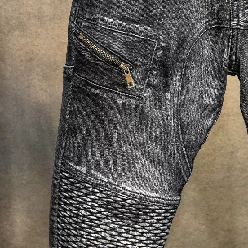 High Street Fashion Men Jeans Retro Black Gray Stretch Elastic Skinny Biker Jeans Men Spliced Patched Designer Hip Hop Pants