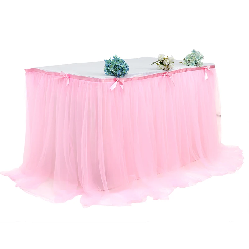 280x76cm Pink Table Skirt Wedding Party White Tutu Tulle Tableware Cloth Baby Shower Birthday Party Table Skirt Home Decor 190cm