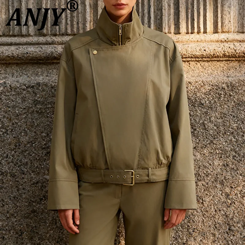 

ANJY Spring Autumn New Women Fashion Korean Style Stand Collar Sashes Design Jacket Trendy Casual Spliced Slim Punk Coat A16937