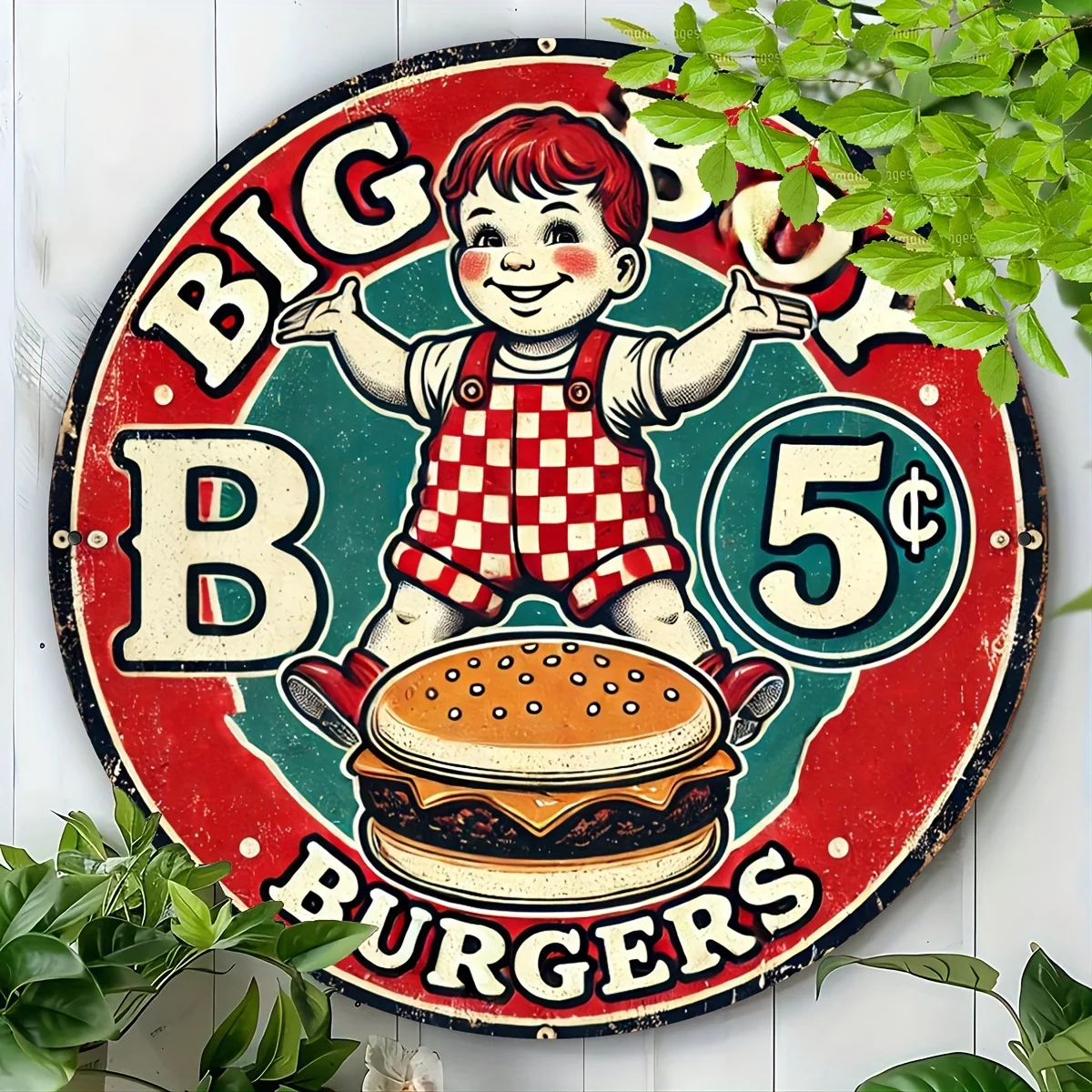 Vintage Aluminum Round Sign with Cute Big Boy & Burger Design - Perfect for Kitchen, Dining Room, Bar Decor | Durable, Easy-to-H