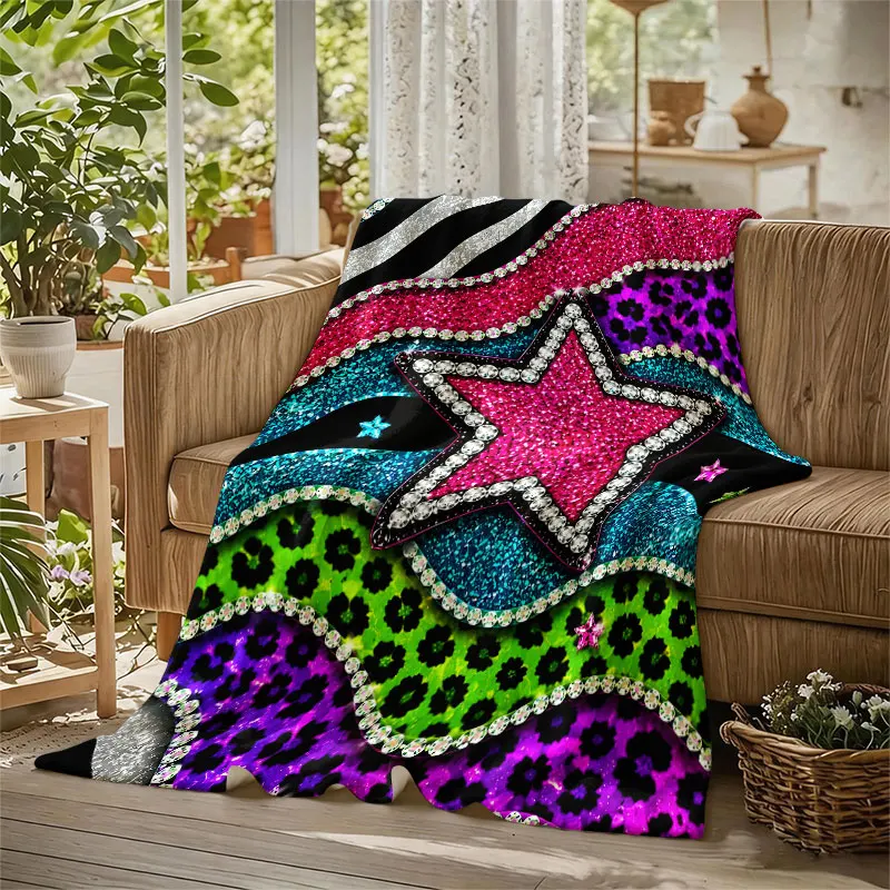 Glitter Star Zebra Flannel Blanket Warm Soft Halloween Christmas Decorative Couch Warm Cozy All-Season Gift