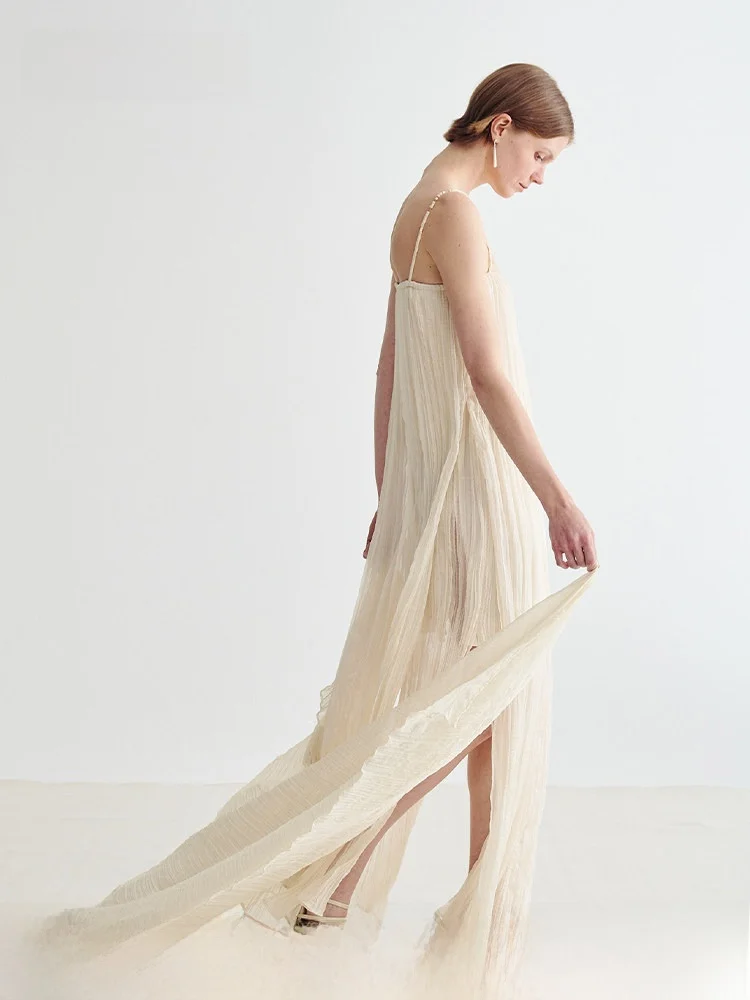 

Hamere Spring Summer Women's Gauze Pleated Dr Lightweight Breathable Faion Design Long Dr Casual Sle l Waist