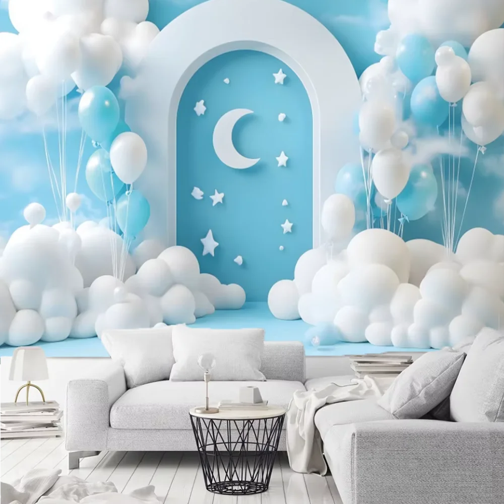 Cute Teddy Bears Soft Clouds Theme Background Newborn Baby Birthday Party Decoration Blue Sky Hot Air Balloon Kids Cake  Gift