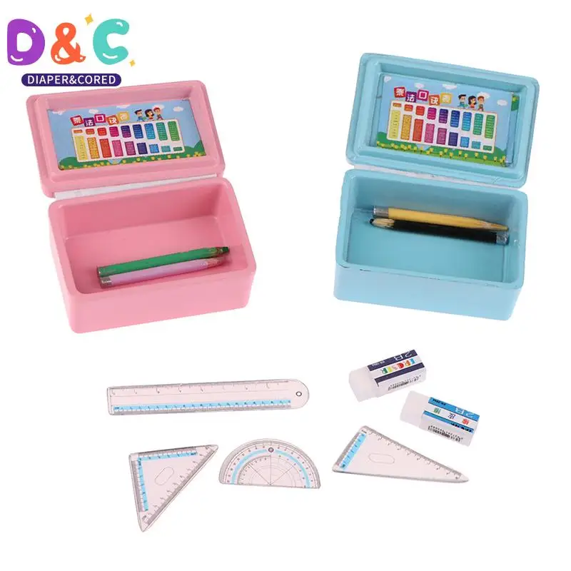 

1:12 Dollhouse Miniature Stationery Pencil Case Pen Ruler Eraser Stationery Box Doll House Accessories Kid Pretend Play Toy