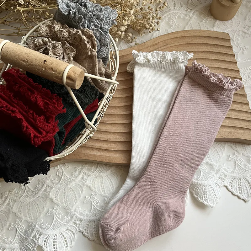 Autumn Ruffle Baby Girls Socks Knee High Lace Long Sock Kids Soft Cotton Toddlers Socks Children Princess Socks For 0-5Years