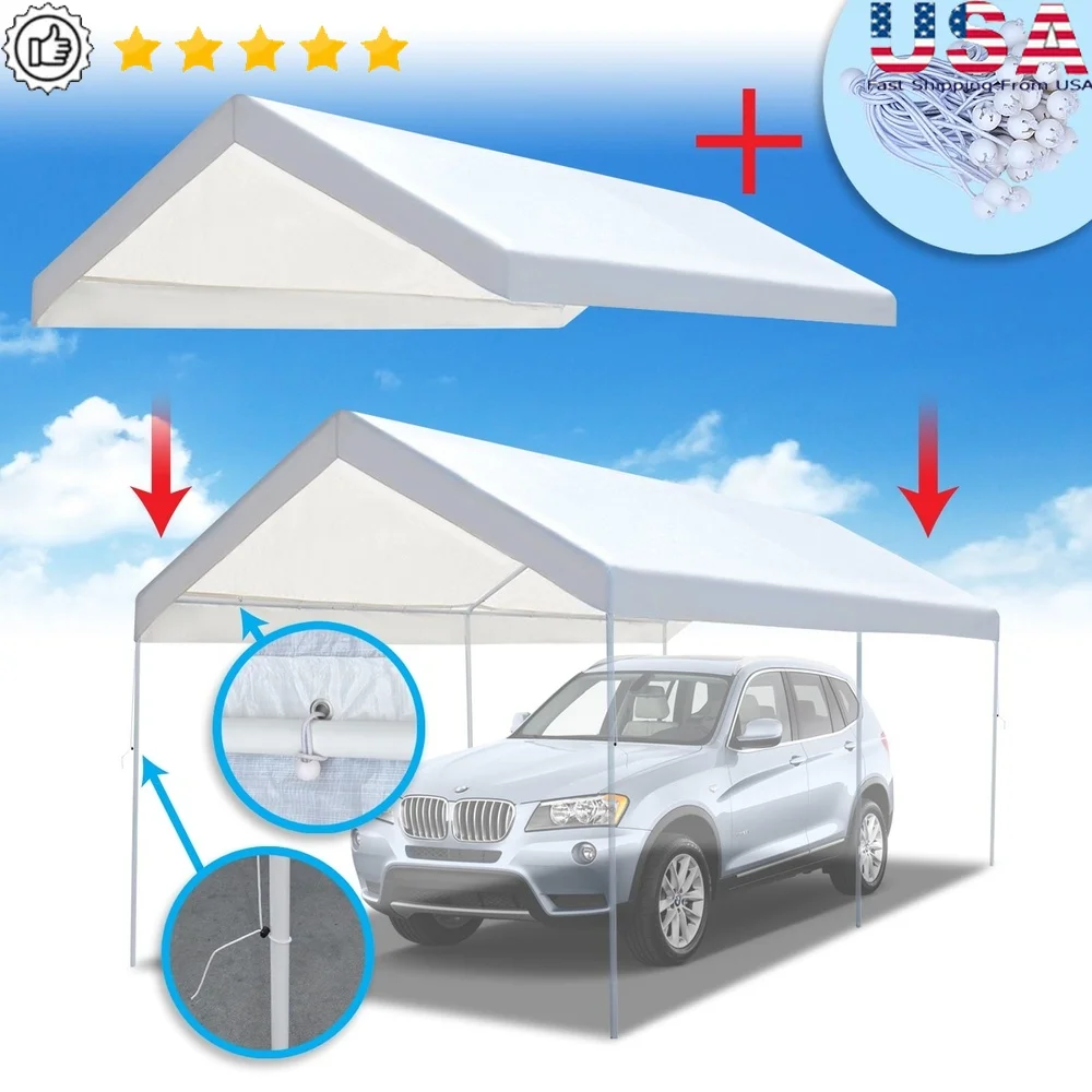 

20x10 Waterproof Carport Replacement Canopy Tent Top Garage Shelter Cover with Ball Bungees Outdoor Events