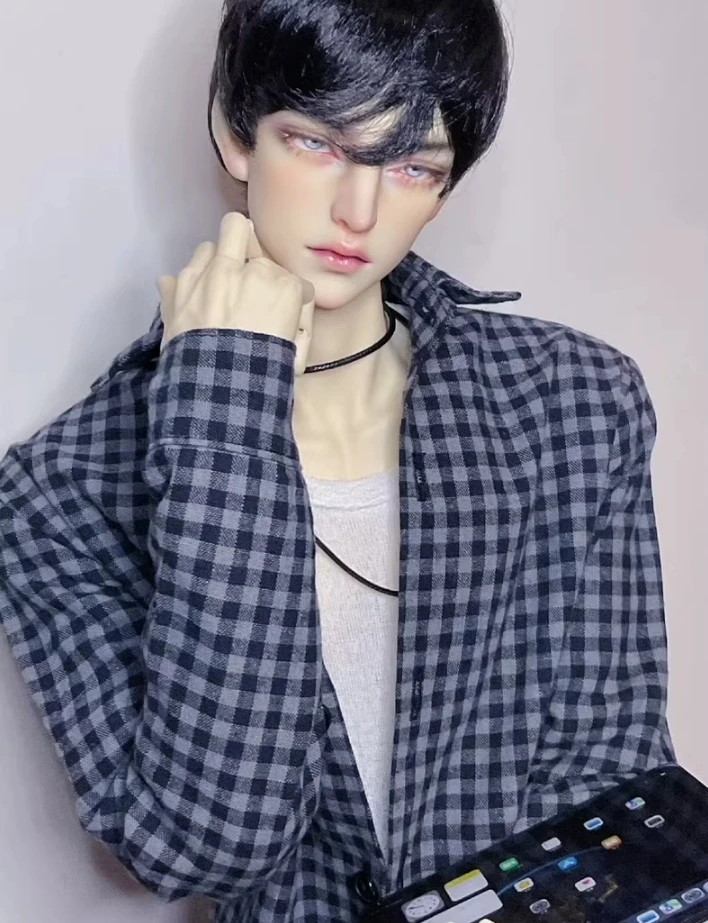 

A12 детская игрушка ручной работы дядя ID75 uf75 BJD кукольная одежда белый хлопок свободного типа черная темно-серая рубашка в сетку 1 шт.