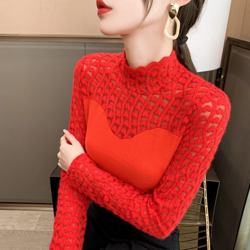 Korean Fashion Autumn Winter Women\'s Mock Neck Solid Lace Hollow Warm Elegant Long Sleeve Loose Pullovers Bottoming Shirt Tops
