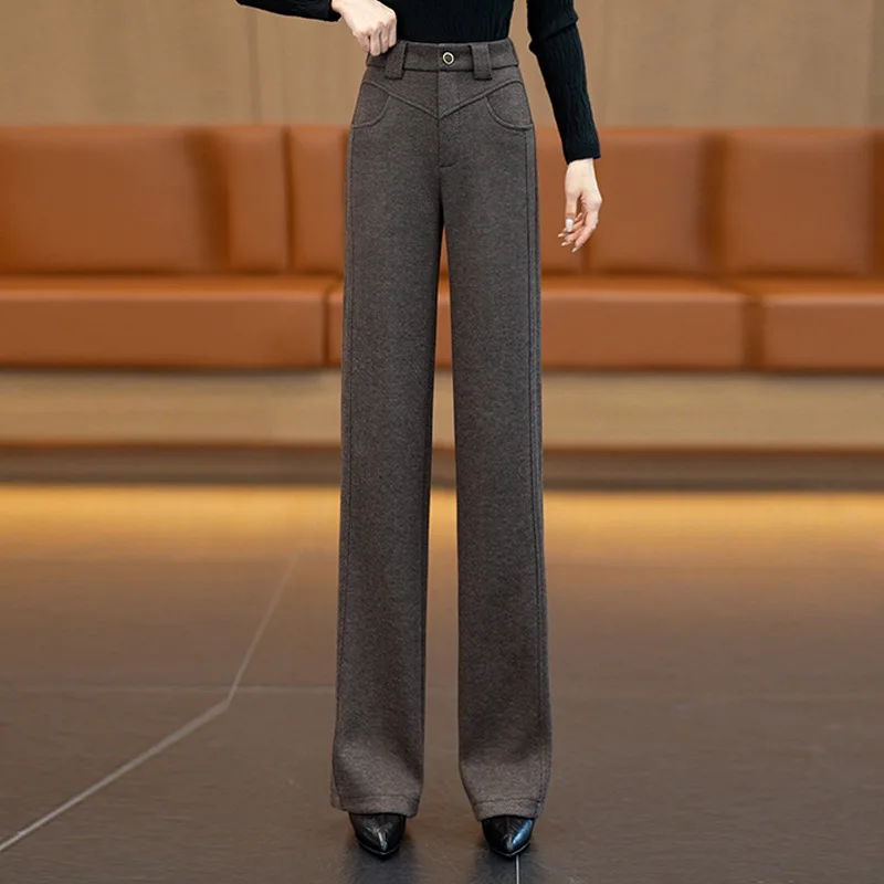 سراويل نسائية صوفية مستقيمة شتوية سميكة دافئة سراويل غير رسمية بقصة ضيقة سراويل تنحيف ثنيات #3