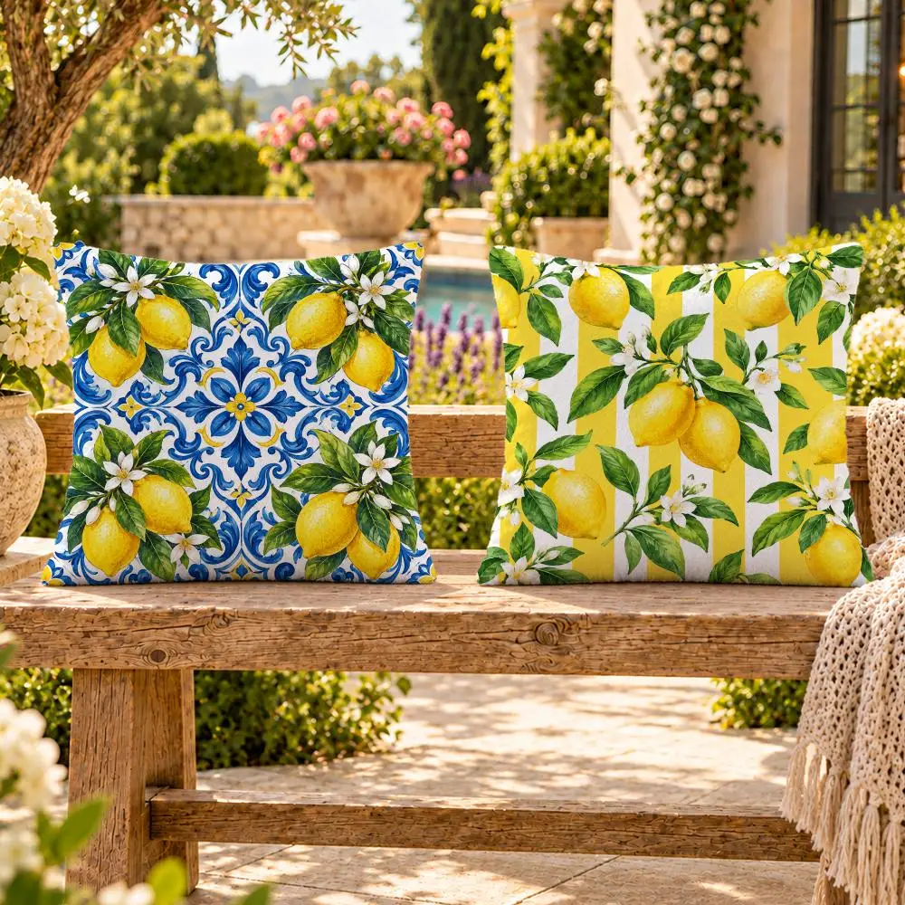 Art Sicilian Lemon Watercolor Cushion Cover Soft Plush Throw Pillow Cover Washable Sofa Bed Patio Chair Home Decor