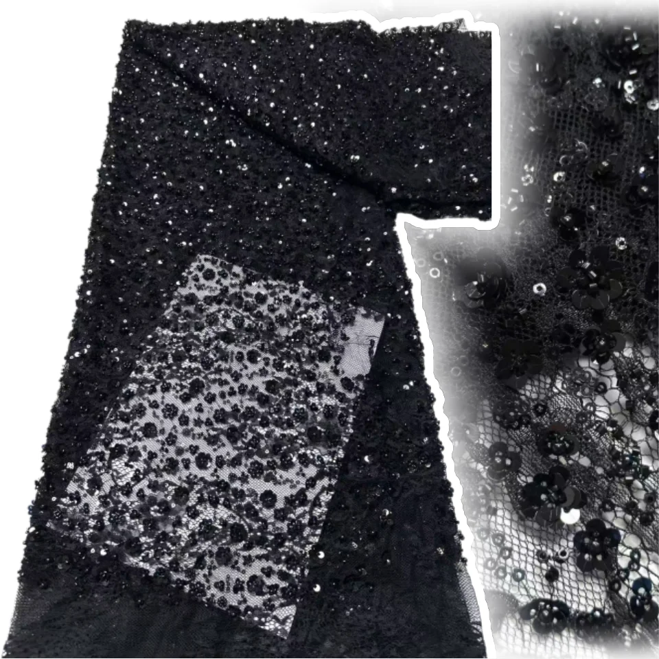 Tecido de renda de tule chantilly preto africano, lantejoulas francesas, contas de malha, tecido de renda nigeriano para mulheres, roupas de noite, vestido sz1734