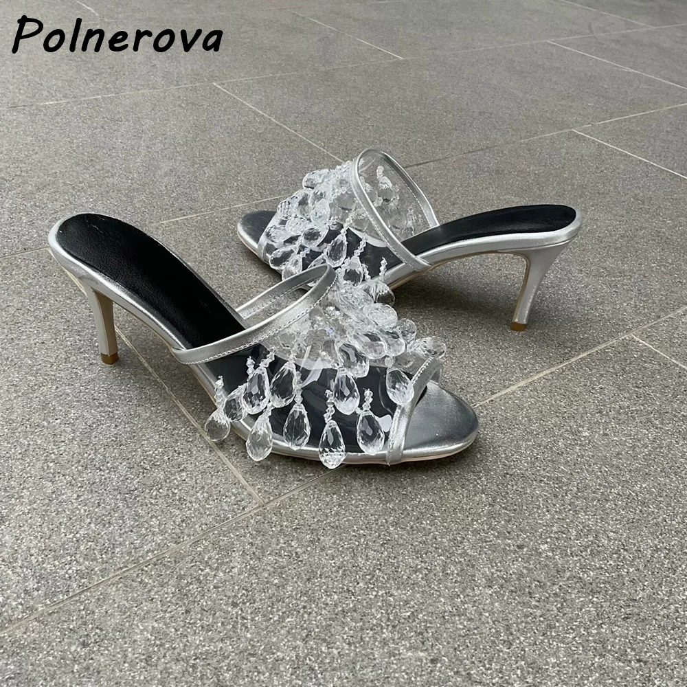 Rhinestone Water Droplet Slipper Tassels Silvery Peep Toe Thin Heels Slip On Fashion Luxury Sandals Summer Party Women's Shoes