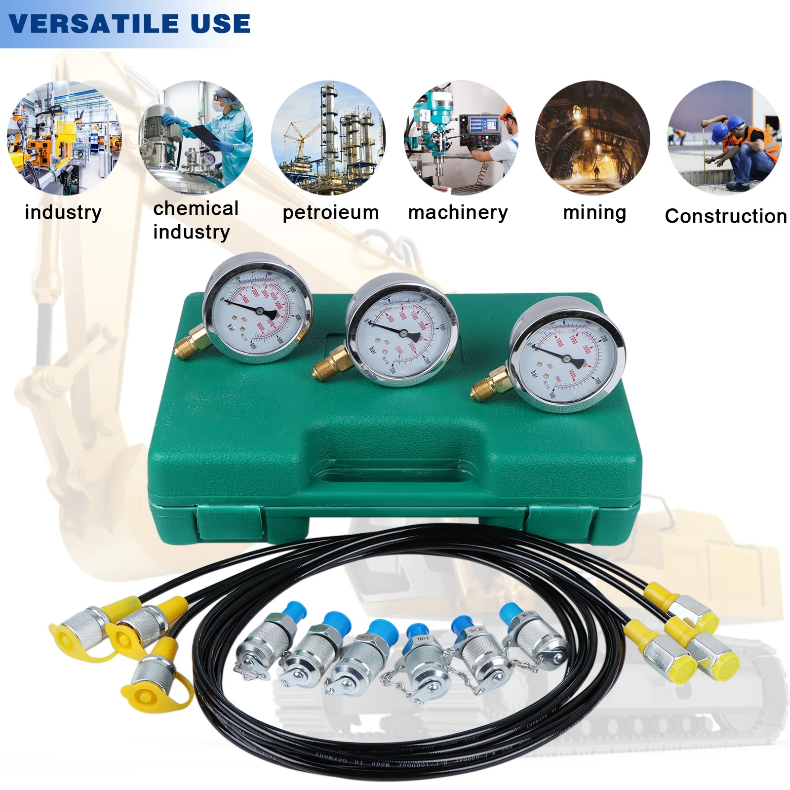 Hydraulic Pressure Test Kit with 3 Pressure Gauge 25Mpa/40Mpa/60Mpa M10 M14 6 Test Coupling Diagnostic Tool Green Box Excavator