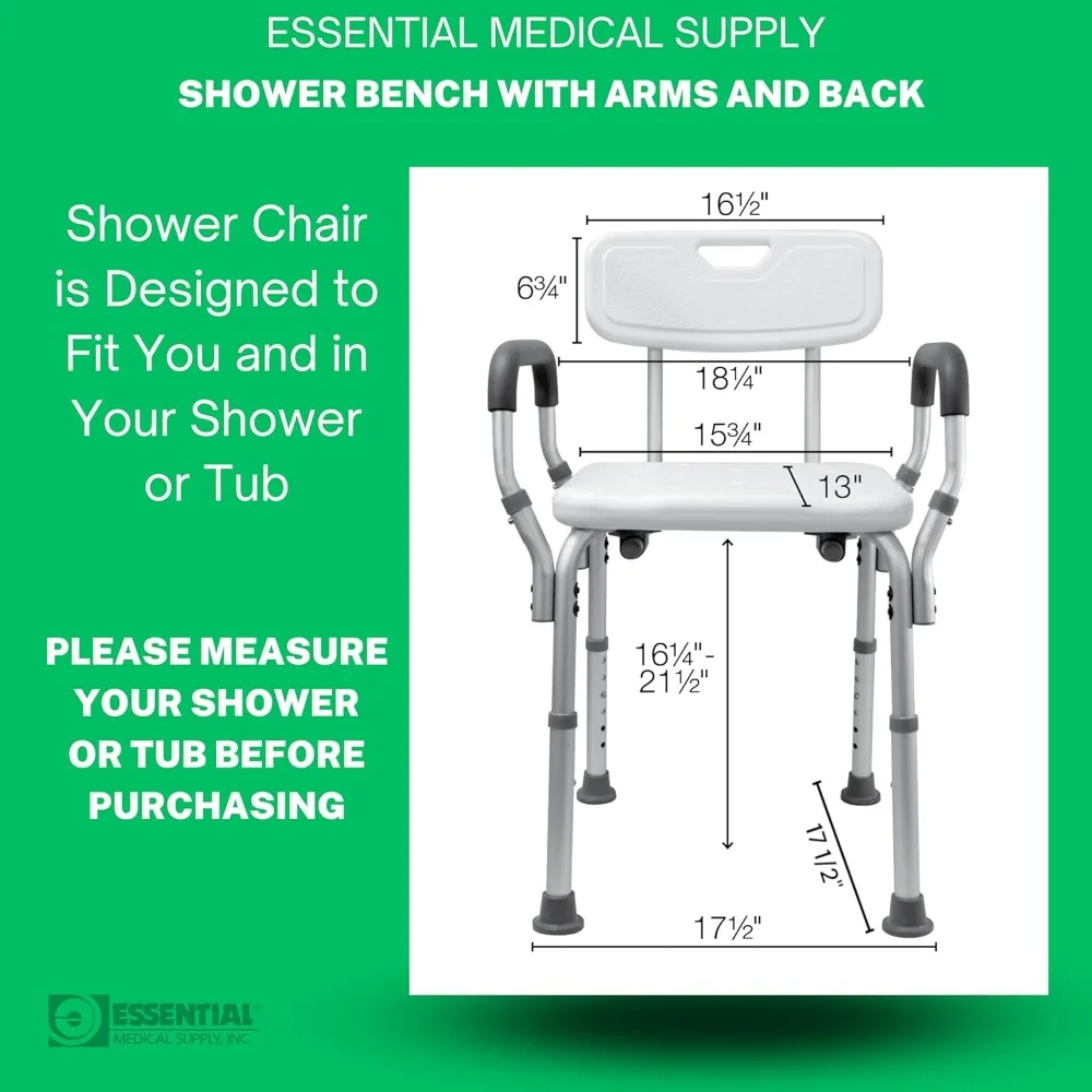 Height Adjustable Shower and Bath Bench with Padded Arms, Contoured Back and Textured Shower Chair Seat- for The Bath and Shower
