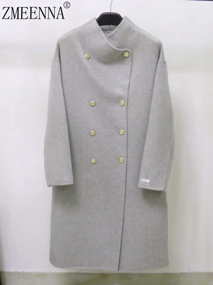 

ZMEENNA Elegant Womens Wool Blend Coat With Gold Button Double Breasted Front Chic Stand Collar Winter Outerwear ZM3987