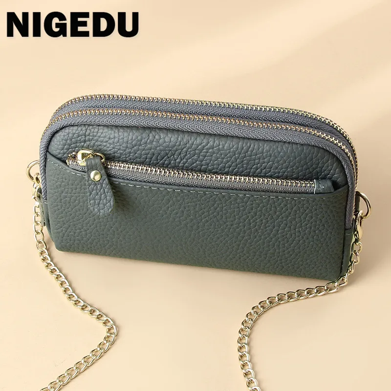 Genuine Leather Crossbody Bags for Women Double Zip Clutch Wallet chain Sling Messenger Bag Cowhide Ladies Mobile Phone purse