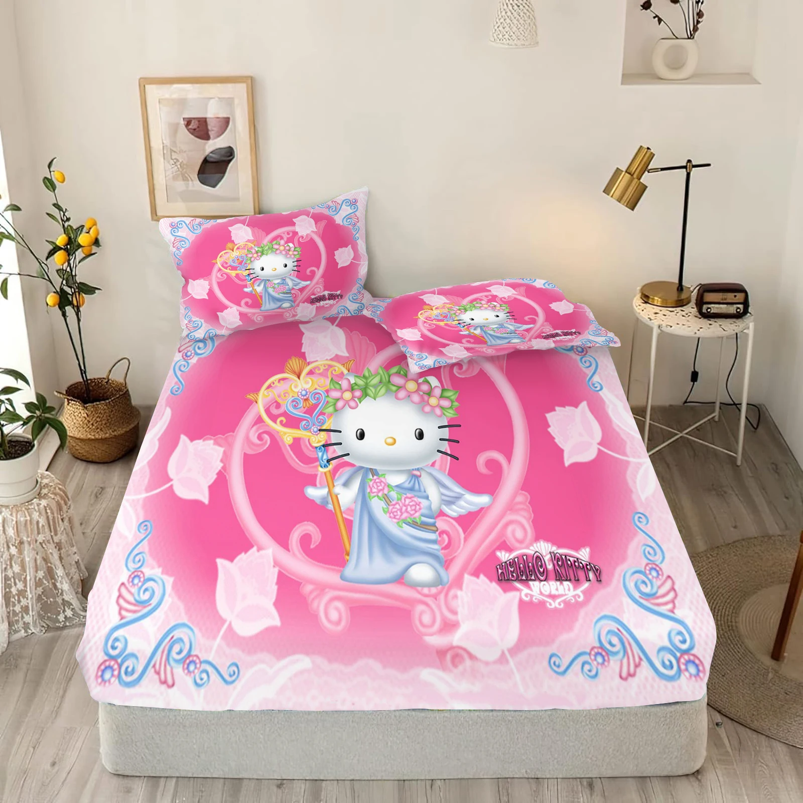 

Hello Kitty Cartoon Fitted Sheet Sanrio Coverage Sheets Cover Teenager With Elastic Children Cute 3D Digital Printing Bedding