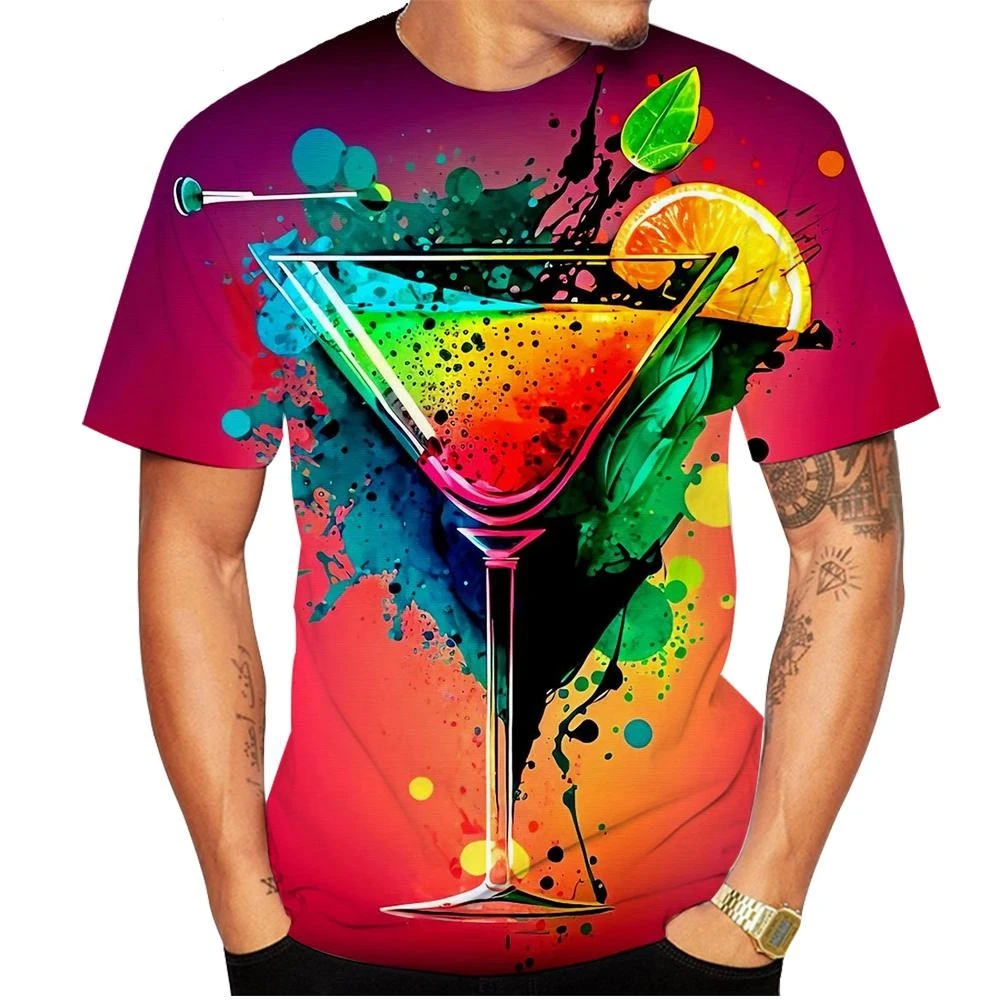 New Summer Cocktail 3D Printed Casual T-Shirt Personality Fashion Unisex Hip Hop Round Neck Short Sleeve Tops Men Women Kids