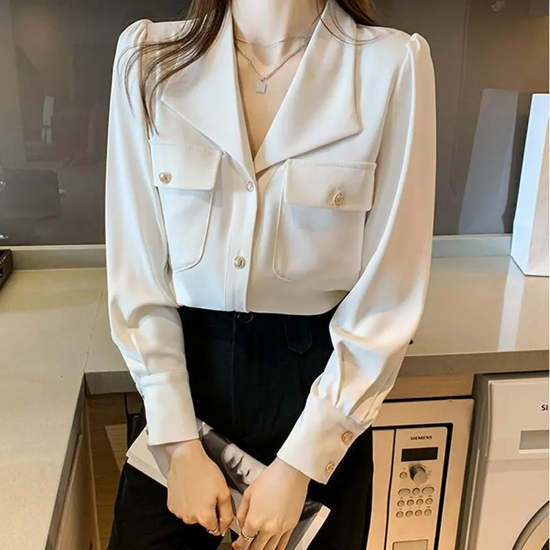 Commute Solid Color Chic Single-breasted Blouse Spring Autumn Fashion Pockets Long Sleeve Women\'s Clothing All-match Lapel Shirt