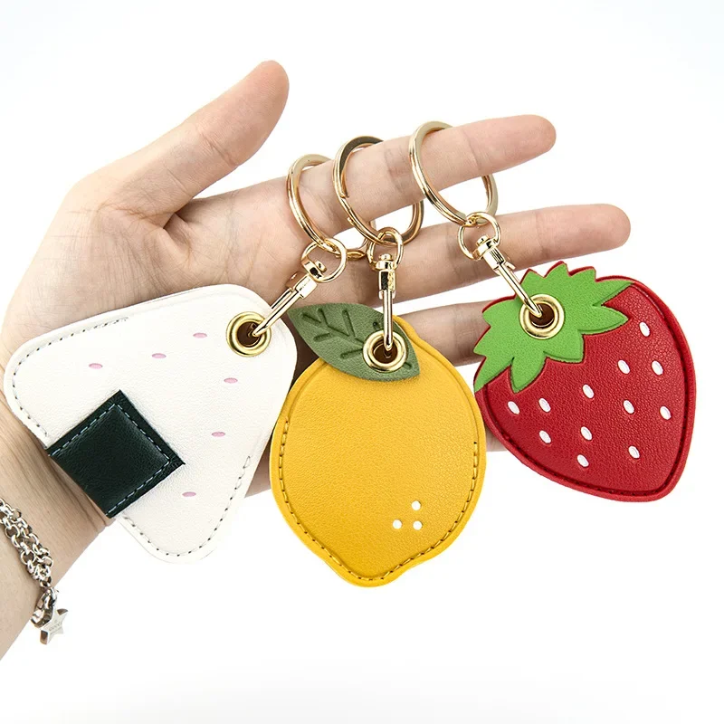 Cute Strawberry Keychain Lemon Entrance Guard Card Cover PU Leather Bag and Car Keys Pendant GPS Anti-lost Pet Collar Accessory