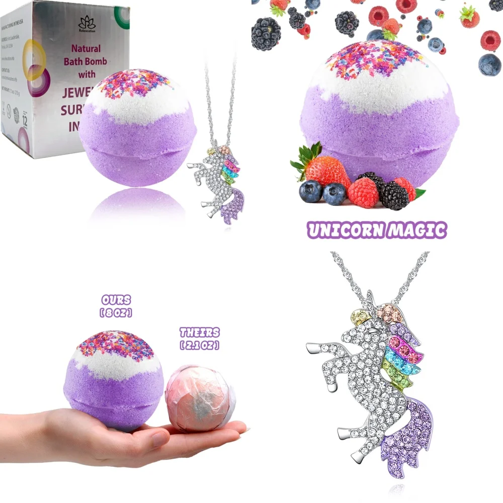 

Bath Ball 1 piece 7.5 ounces Portable bath ball, comes with a surprise unicorn necklace.