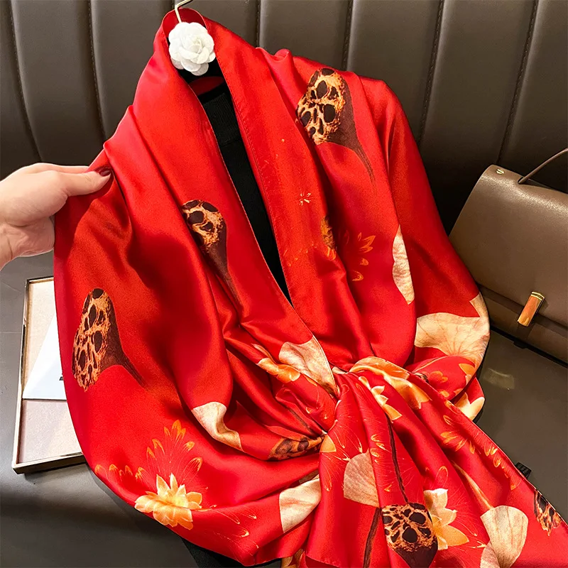 Silk Scarf Women Shawl For Travel Fashion Wraps Chinese Style Retro Spring And Autumn Light Thin Lotus Versatile Long Silk Scarf