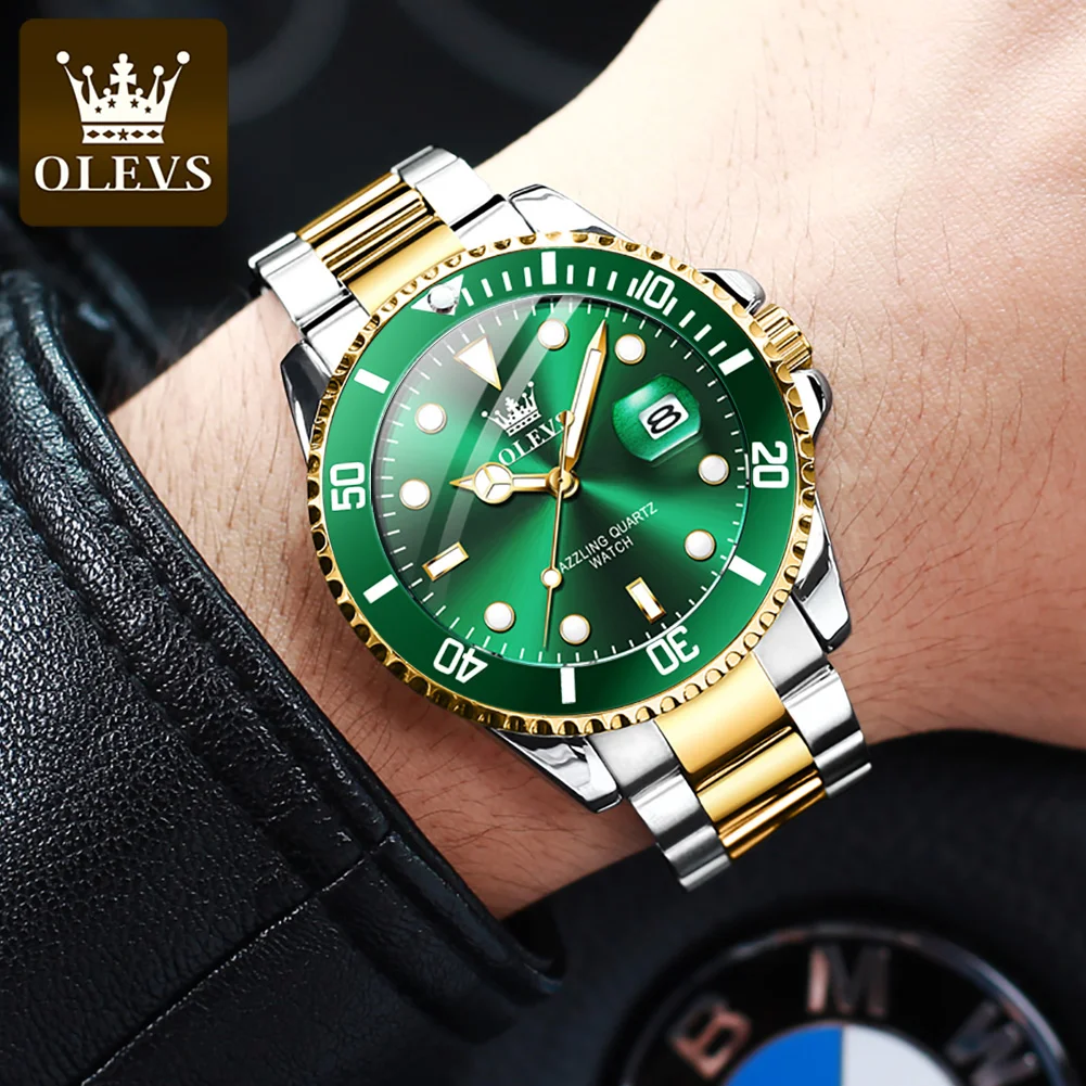 OLEVS Brand New Fashion Green Quartz Watch for Men Stainless Steel Waterproof Luminous Sport Date Wristwatch Relogio Masculino