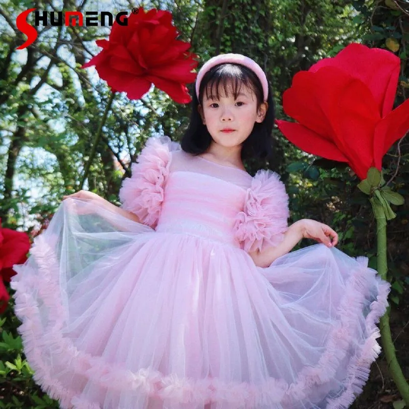 

Летнее платье для девочек с открытой спиной и V-образным вырезом, розовое, с коротким рукавом, в стиле принцессы, для повседневной носки и на день рождения, пышное платье