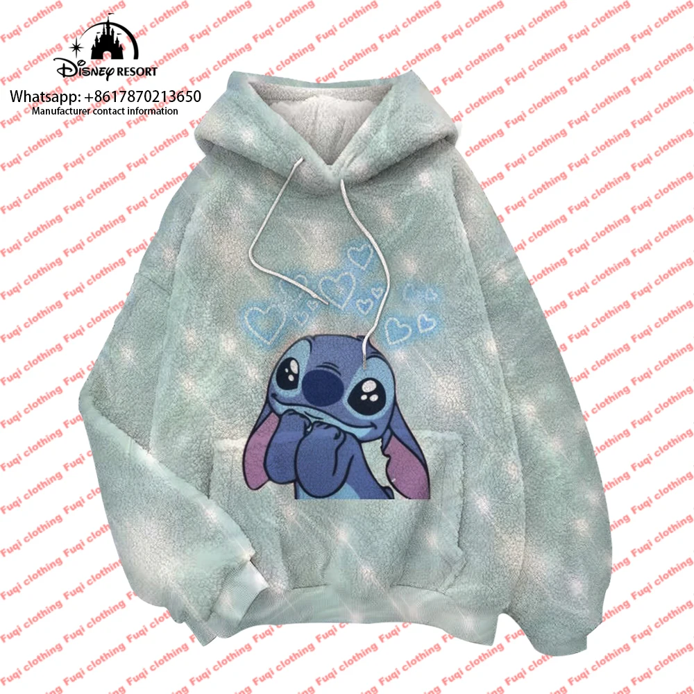 Stitch cartoon 3D printed flannel sweatshirt 2024 winter fashion loose and comfortable hoodie cute blanket pullover