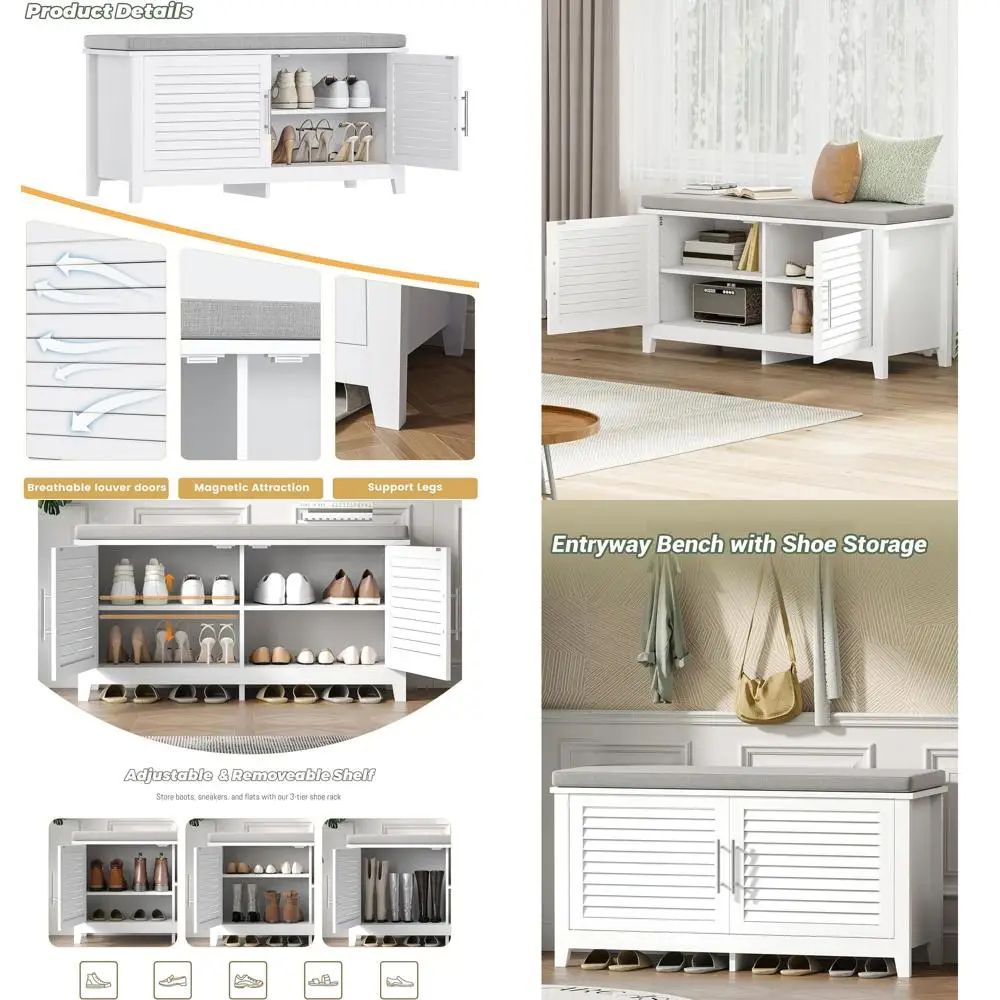 

White 39.4 Wide 2-Tier Shoe Storage Bench with Cushion & Adjustable Shelf for Entryway, Bedroom, Living Room