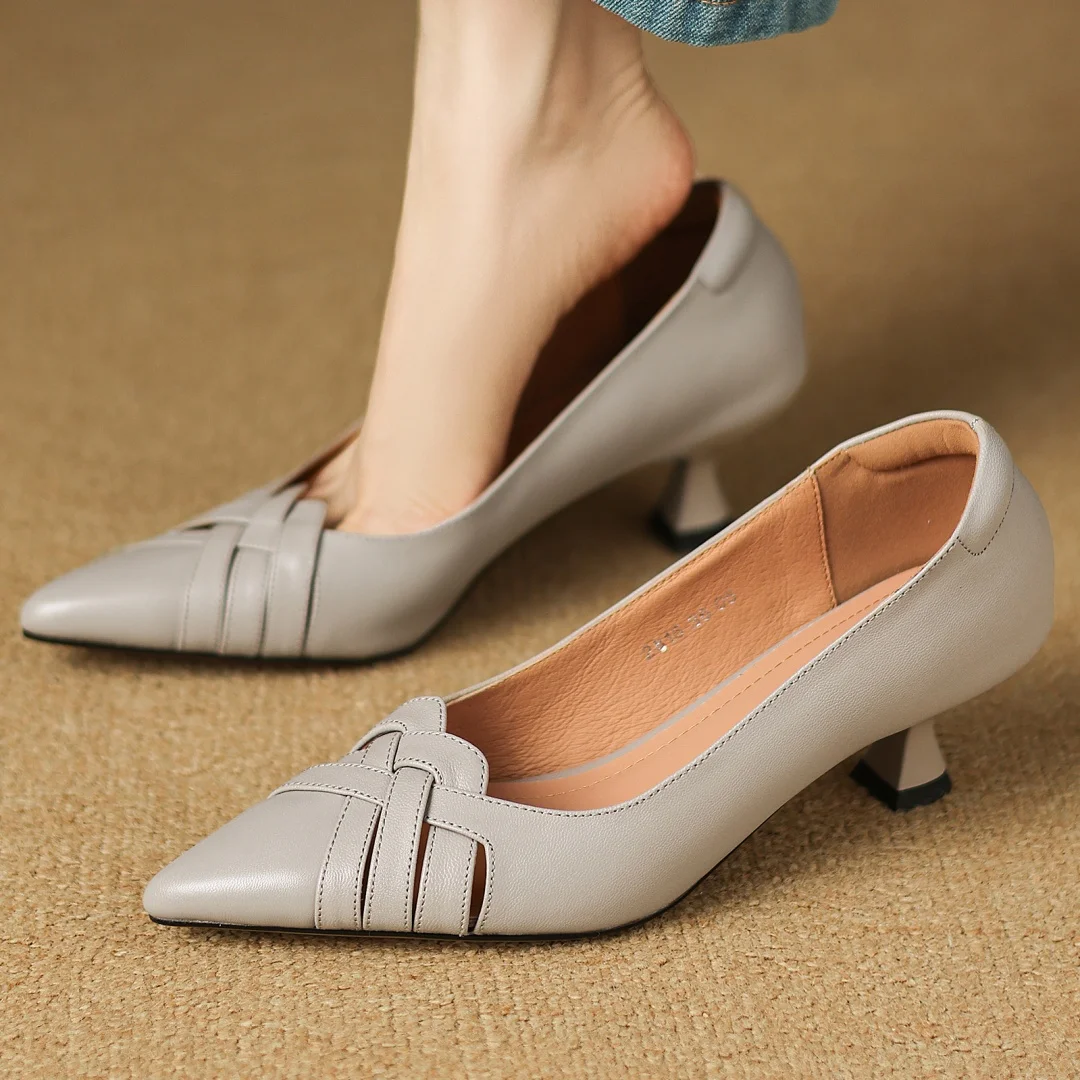 

Женские туфли-лодочки без шнуровки из овчины с острым носком, элегантные женские туфли на тонком высоком каблуке 5 см в стиле OL, повседневные тонкие модельные туфли на каблуке для женщин