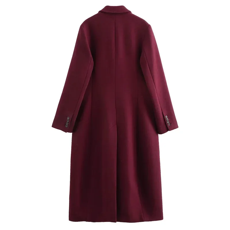 TRAF Women's Coat Burgundy Tweed Long Sleeve Coat Outerwears Winter Coats Woman 2024 New In Coats Office Wear Warm Long Jackets